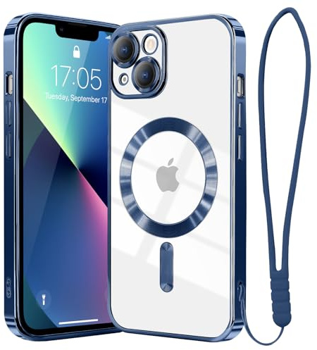 Ethanger Magnetic Case for iPhone 13, Plating Frame, Dark blue | Compatible with MagSafe, with Camera Lens Protector, with Wrist Strap, Luxury Bling Shockproof Bumper, for Women Girls