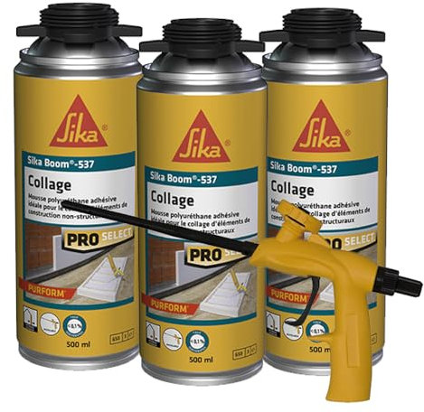 SIKA - Lot de 3x Mousses polyuréthane adhésive - Pour le collage d'éléments de construction - Pistolable - Blanc - 500ml + Pistolet d'application