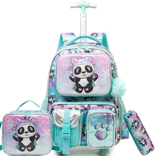 HTgroce Kinder Trolley Rucksack Panda Schultasche Schulranzen Mädchen schultrolleys Schulrucksack Kinderkoffer Rolling Backpack Reisegepäck