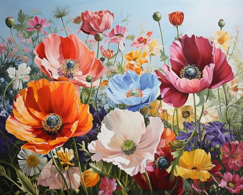 TISHIRON Blommor måla efter siffror för vuxna nybörjare konstverk, kit blommor på våren, canvas, oljemålning, heminredning, med 3 penslar och akrylfärg 40 x 50 cm