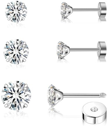 FACOKO Damen-Ohrringe 3 Paar Titan-Ohrringe mit klarem Zirkonia 3/4/5 mm hypoallergen flacher Verschluss auf der Rückseite Silber/Gold/Schwarz/Pink