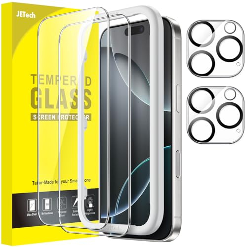 JETech Pellicola Protettiva per iPhone 16 Pro, 2+2 Pezzi | con Protezione Fotocamera, Vetro Temperato HD Trasparente, Protezione Antigraffio, Strumento Installazione Facile