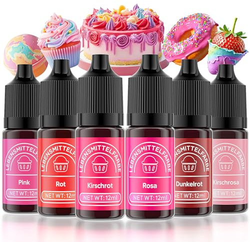 Wwtop Lebensmittelfarbe 6 Farben x12ml, Hochkonzentriert Lebensmittelfarbe Flüssig zum Backen, Lebensmittel Farben Food Coloring Set für Fondant, Christmas Kuchen, Macarons, Donuts (Rosa Serie)
