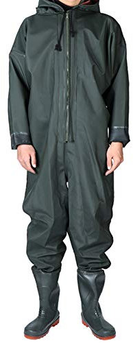 Fishing Chest Waders, Hunting Chest Waders Herr Vattentät Helkroppsdragkedja Regndräkt med halkfria gummistövlar Tjock huva vadare, Mörkgrön, EU40 (Mörkgrön EU39)