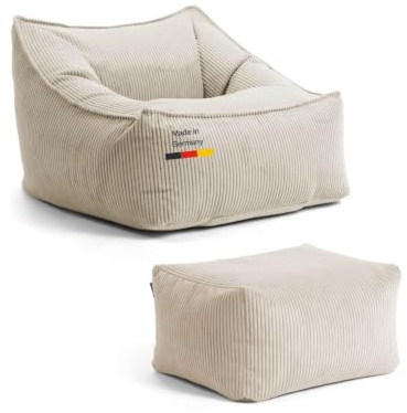 mokebo Sitzsack Sessel mit Hocker aus Cord 'Der Lümmel' (83x73x60 cm) Made in Germany, XXL Sitzsack, Cord Sessel, auch als Riesensitzsack für Wohnzimmer und Wintergarten in Beige