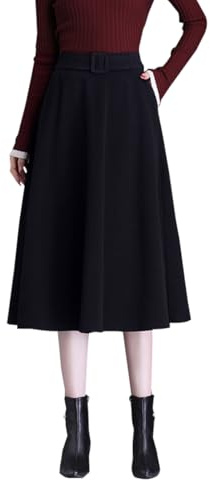 Donna Inverno Vita Alta Midi Gonna in Lana Elegante A-Linea Gonne Colore Solido Skirt Nero L