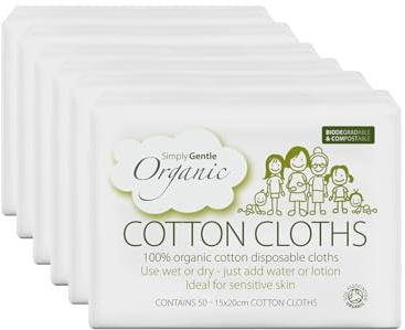 Simply Gentle Organic Dry Wipes, Face Towels, 100% Cotton Pads, for Baby, Newborn Essentials, Plastic Free, Disposable, Sensitive Skin Cleansing Pads, Alternative to Wet Wipes, 300 count (Pack of 6)