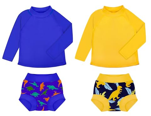 BIG ELEPHANT 2 st Rash Guard Swim Blöjor Set för Unisex Barn, Pojkar Flickor Långärmad Baddräkt, Gul/blå, 6-12 M�nader
