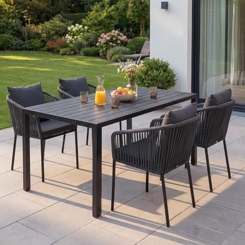 Mendler Gartengarnitur HWC-N41 Tisch+4xStuhl - anthrazit, Kissen dunkelgrau | wetterfest, Seilgeflecht, Rope, Alu, 140x80cm