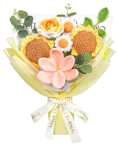 Dremisland Flores de ganchillo de otoño hechas a mano, ramo de flores de crochet, decoración de otoño, girasoles artificiales, ramo de flores de ganchillo, flores falsas, regalo para aniversarios