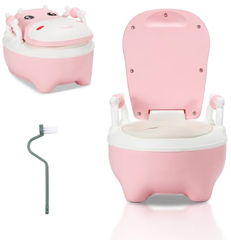 Jaxguom Baby Toilette Toilettensitz, Kinder Töpfchen, Praktischer Toilettentrainer mit Griffen, Weichem PU-Sitz & Anti-Spritzschutz, Inklusive Reinigungsbürste & Cartoon-Motiv (Rosa)