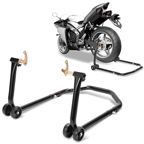 Eikuavons - Supporto per moto/sollevatore posteriore con doppie ruote, larghezza regolabile, adatto per lavori di montaggio per moto fino a 300 kg, stabilità (Nero)