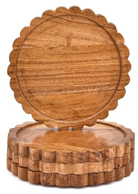 Indus Lifespace Juego de 4 platos de postre de madera de acacia, platos de ensalada y aperitivos de madera natural, duraderos y ecológicos (8 x 8 x 0.75 pulgadas)
