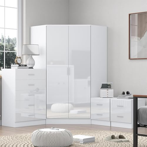 Reflect 2 Door Corner Wardrobe, 5 Drawer Tallboy Chest, 2x 2 Drawer Bedside Tables | White Gloss & Matt White Finish | Modern Bedroom Furniture Set
