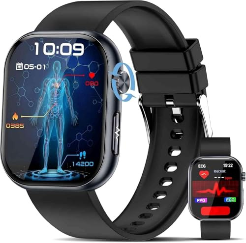 Smartwatch Herren Damen mit EKG/HRV/ΒΙυτｚυcker/Harnsäure/BMI, 1,95'' AMOLED Touch Fitness Gesundheitsuhr mit Telefonfunktion, 24H Schlafmonitor/Herzfrequenz/ΒΙυtdrυck/SpO2/SOS-Notruf, für Android/iOS