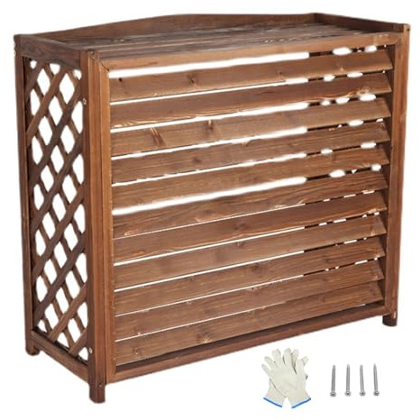 Copri Motore Condizionatore Esterno, Recinzione per La Privacy in Legno Senza Scavo, con Coperchio per Posizionare Vasi di Fiori, 4 Pannelli(Brown,80x32x70cm/31x13x28in)
