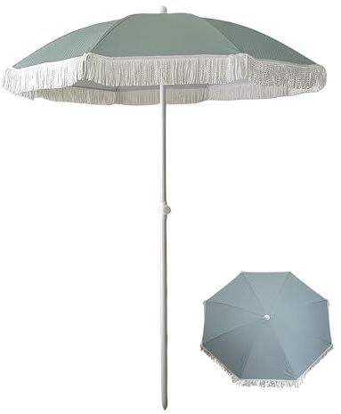 Sombrilla de playa plegable de 5 pies con borlas, protección UV, impermeable, para jardín al aire libre, piscina, parasol portátil para relajación en el patio trasero