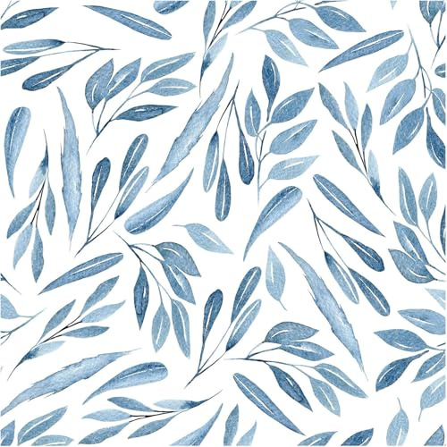 Self Adhesive Wallpaper Blue Leaf, 44.5 x 1000 cm Blue Peel and Stick Wallpaper Teal Wall paper for Living Room Blue White Boho Self Adhesive Furniture Wrap for Living Room,Bathroom,Drawer,Cabinets