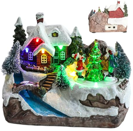 Gcroet Musikalisk julby hus, harts elektrisk julby figurer med snurrande julgran och LED-ljus för hemmafest, USB/batteri (inget batteri).