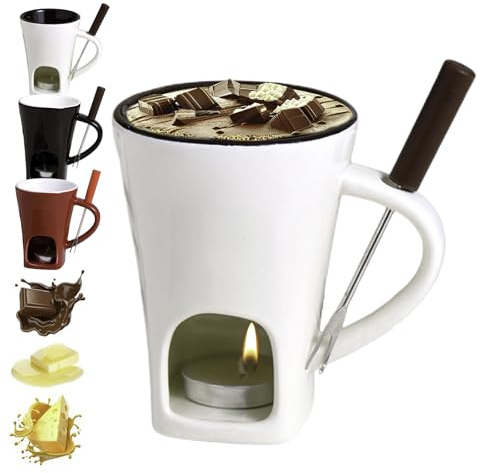 Chocolate Fondue Mug, Ceramic Chocolate Melting Mug, Chocolates Fondue Meltie Cup, Chocolates Fondues Set with Tealight and Fork, Cheese Warmer Cup, Heated Pot for Butter, Candy, Caramel(White)