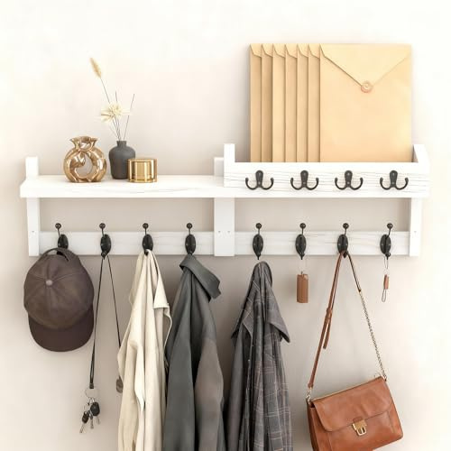 WoRaum Wandgarderobe Holz – Garderobenleiste mit 8 Kleiderhaken & 4 Schlüsselhaken, Wandmontage Jackenhalter, Minimalistisch für Schlafzimmer & Flur (Weiß,B01)