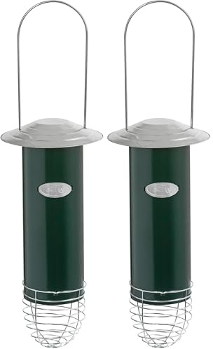 Dehner Natura Premium Wildvogel Meisenknödelautomat, Futterhaus/Futterstation für Wildvögel, Futterstelle wetterfest, inkl. Aufhängevorrichtung, Ø 7.5 cm, Höhe 26.5 cm, Metall, Dunkelgrün