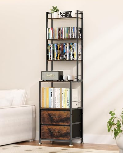 TJ.MOREE 7-Tier CD Storage Rack with 2 Drawers, Record Player Stand with Vinyl Record Storage, Tall Bookcase for Movie Collection, Games & Books, DVD Tower Organizer for Living Room, Home Office