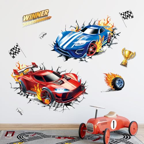 FUFUQUARE 3D Racing Car Wall Stickers Break Through Transportation Vehicle Wall Decals Peel and Stick Kids Boys Bedroom Nursery Wall Decor