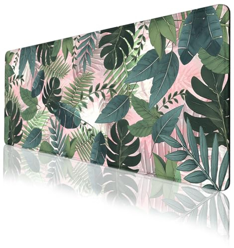 Tropical Leaves Desk Mat 800x300mm Botanical Green Gaming Desk Mat Waterproof Stitched Edges Rubber Base Non-Slip Deskmap Computer Keyboard Mat Desk Home Office Gaming