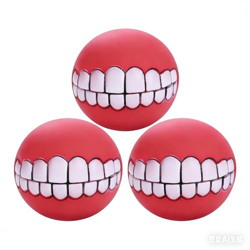 Dog Ball with Teeth - 7.5cm Squeaky Dental Rubber Chew Toy for Teeth Cleaning, Fetch & Water Play, Interactive Smile Ball for Small Medium Large Dogs (red,3Pcs)