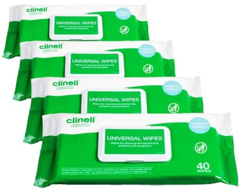 Clinell Universal Cleaning and Disinfectant Wipes for Surfaces - Multi Purpose Wipes, Kills 99.99% of Germs, Quick Action - White, 40 Wipes (Pack of 4)