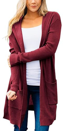Dam Casual Oversized Öppen Fram Huva Stickad Tröja Kofta Långärmad Lätt Mysig Kofta Vinröd X Large