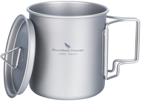 iBasingo 420ml Camping Becher Outdoor Tasse Titan Trinkbecher Mug mit Deckel & Klappgriff Ultraleichter Tee Kaffee Wasserbecher Picknick Kochgeschirr Ti3025D