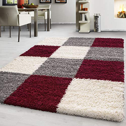 Hochflor Teppich Wohnzimmer Kariertes Design Schlafzimmer Esszimmer Flur Küchenteppich Weich & Flauschig Langflor Pflegeleicht Rechteckig Teppich in Farbe: Rot, Grösse: 200 x 290 cm