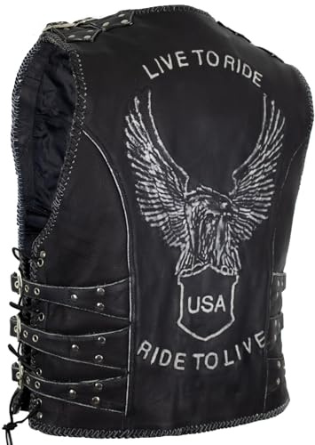 MDM Chaleco de piel para hombre con un águila en relieve y hebillas para ajustar. Negro XXXL