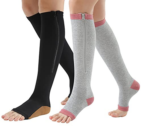 AIEOE Kompressionsstrümpfe mit Reißverschluss, offener Zehenbereich, kniehoch, mit Reißverschluss, für Krampfader-Ödeme, 2/3 Paar, Schwarz und Grau (2 Paar), M/L