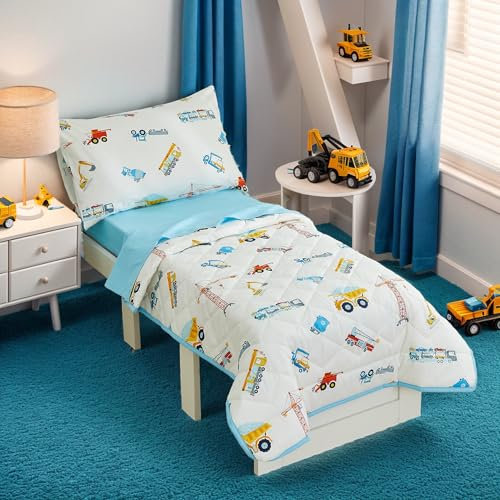 Brandream Jungen Kleinkind Bettwäsche Set Bauwagen Kleinkind Bett Tröster Laken Set und Kissenbezüge, Ultra Gemütlich Reine Baumwolle 4-teilig Bunt Blau Weiß