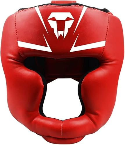LangRay Boxen Kopfschutz für Kinder, Leder Boxhelm Thaiboxen Gesichtsschutz Hoher Schlagdämpfung mit Perfekter Sicht und Gute Schweißaufnahme für Kampfsport MMA Boxen Kickboxen Sparring,Rot,S