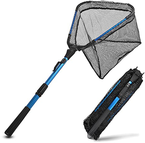 Folding Fishing Landing Net Collapsible Dip Net Telescopic Pole Extensible Fishing Net for Kayak Boat Saltwater Freshwater Safe Fish Catching or Releasing (Blue, 37in/93cm Full - Telescopic Pole)