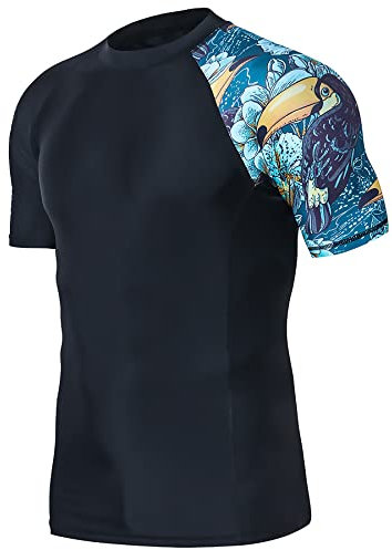 HUGE SPORTS Herren Kurzarm Splice Skins Rash Guard Shirt Schnelltrocknend Schwimmshirt Sonnenschutz Tukan L