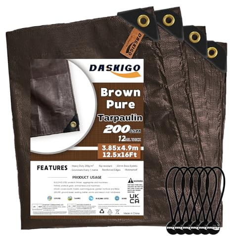 Heavy Duty 200GSM Brown Pure Tarpaulin Waterproof Sheet & 6 Pcs Bungee Balls (Brown, 4 x 5 m)