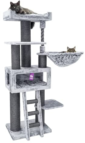 Petrebels Kratzbaum XXL für große Katzen, Parklane 175 cm, Grau | sehr stabil, Ø 12 und Ø 15 cm dicke Stämme, mit XL Hängematte, Schlafhöhle, Loungesofa, dicke Bodenplatte, für mehrere Katzen