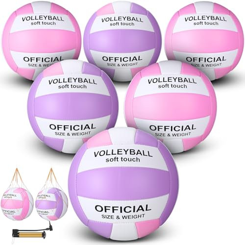 Woanger 6 Pcs Volleyballs Official Size 5 Waterproof Soft Recreational Volleyball with Pump and Net Bag Indoor Outdoor Beach Sports Gym Back to School(Pink Purple White)