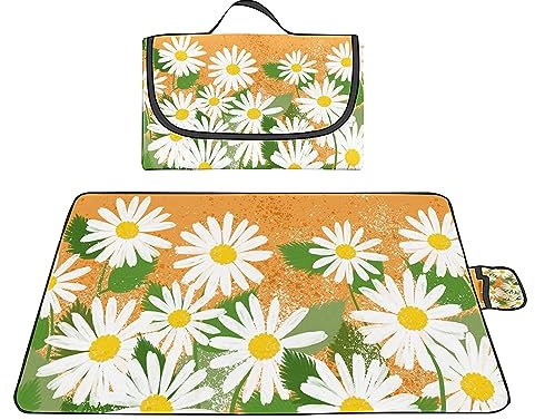 Picknickdecke 180x200cm,XXL Picknickdecke mit Wasserdichter Unterseite,Outdoor Stranddecke Sandfrei,mit Tragegriff Picnic Blanket für Camping,Strand,Familie,Konzerte Weißes Gänseblümchen Blumen