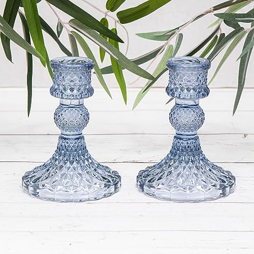 2 x Vintage Blue Glass Harlequin Dinner Candle Candlestick Holders