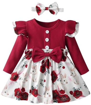 Joureker Baby Mädchen Kleid Ruffle Langarm Floral gedruckt Baby Mädchen Sundress Outfits, Rot, 3-6 Monate