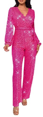 Damen Jumpsuit Glitzer Elegant Langarm V-Ausschnitt Lang Overall Pailletten Hosenanzug Playsuit mit Gürtel Romper