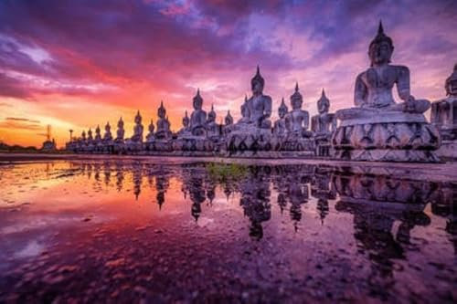 Holz-Bild 80 x 50 cm: Viele Buddha-Statuenbilder bei Sonnenuntergang im Süden Thailands (177625887)