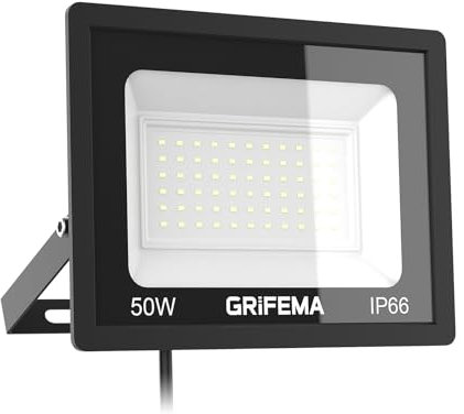 GRIFEMA Faretto LED da Esterno 50W, 5500LM 6500K Luce Bianca Fredda, IP66 Impermeabile, Faro LED Regolabile a 180° per Giardini, Terrazze, Garage e Sicurezza, Risparmio Energetico, Senza Spina
