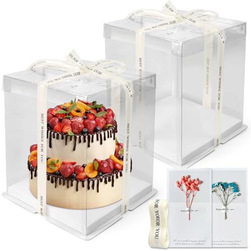 LONHCHI 2 scatole per torte (30 x 30 x 25 cm), trasparenti per torte, scatola regalo trasparente con base e fiori eterni per compleanno, dessert